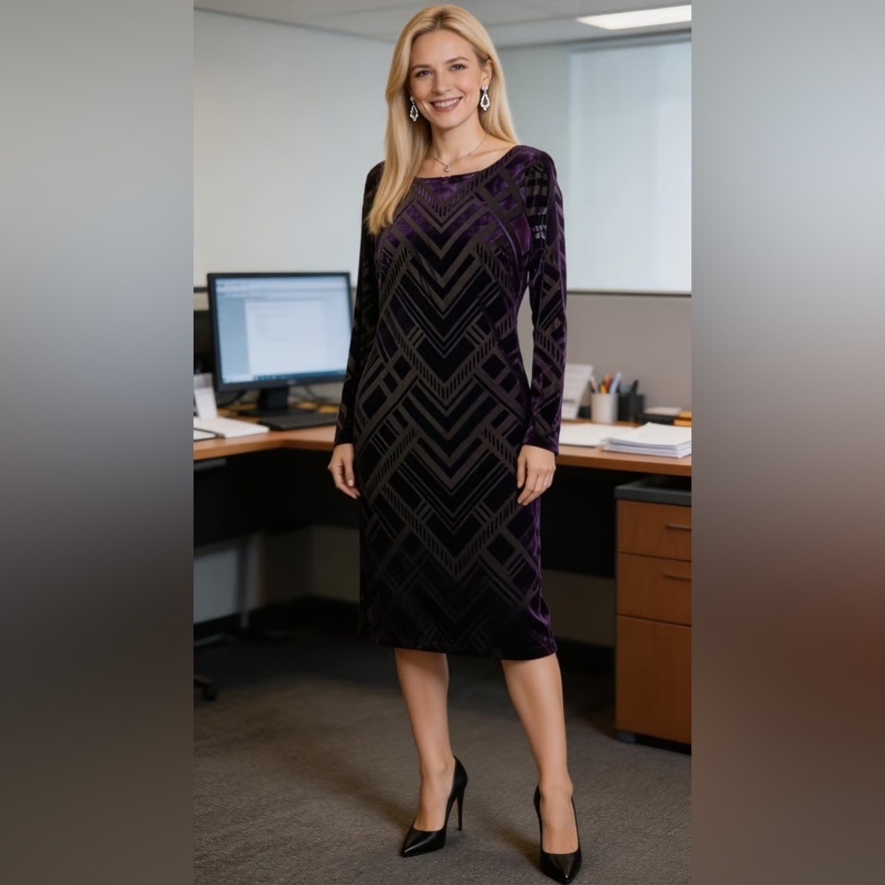 Vince Camuto black & purple velvet dress with geometric pattern 6